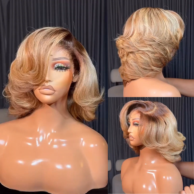 Honey Blonde Layered Bob Wig with Dark Roots Soft Body Waves Human Hair Lace Front Wig- Rafarada