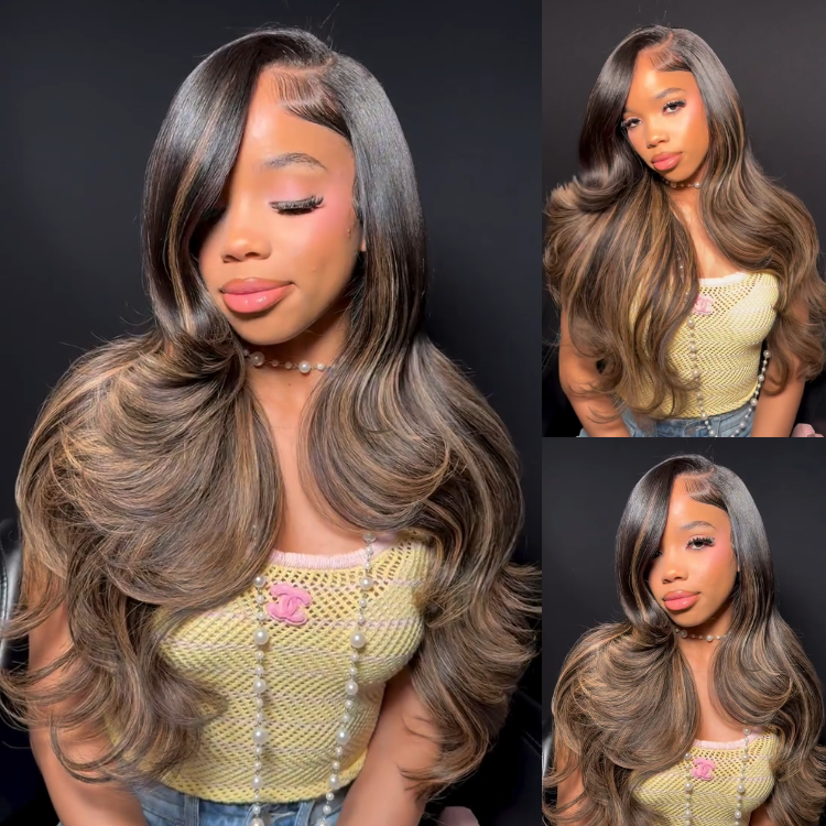 Glueless Ombre Highlight Brown and Caramel Loose Body Wave Lace Front Wig High Density HD Transparent Lace Human Hair Wig- Rafarada