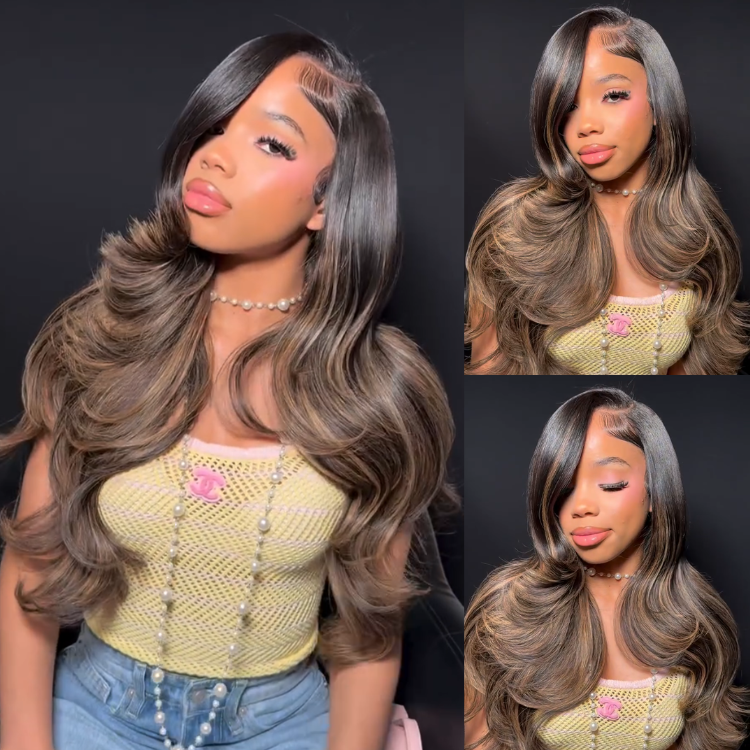 Glueless Ombre Highlight Brown and Caramel Loose Body Wave Lace Front Wig High Density HD Transparent Lace Human Hair Wig- Rafarada