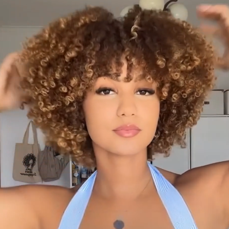 Brown and Honey Blonde Ombre Kinky Curly Wig with Bangs - Glueless Voluminous Tight Coil Short Bob Human Hair Wig for Women - Rafarada