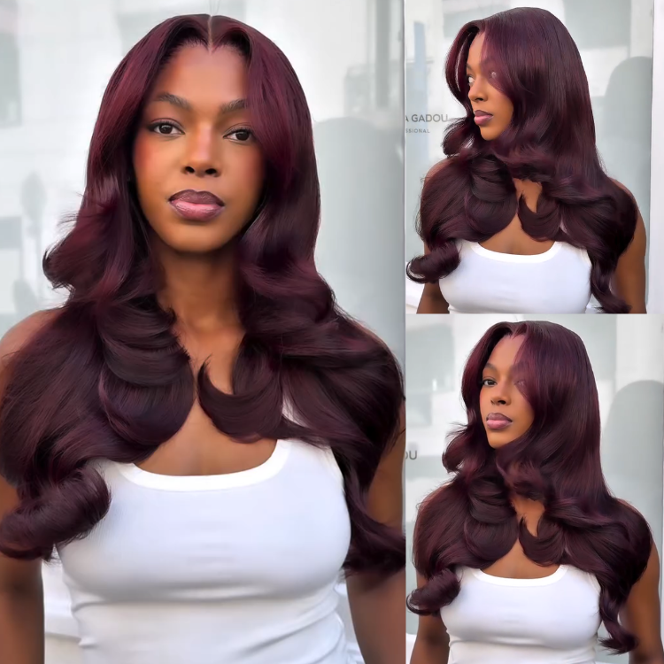Pre-Cut Lace Body Wave Burgundy Glueless Full Body Human Hair Wig | Soft Red Wine Large Volume Waves - Rafarada