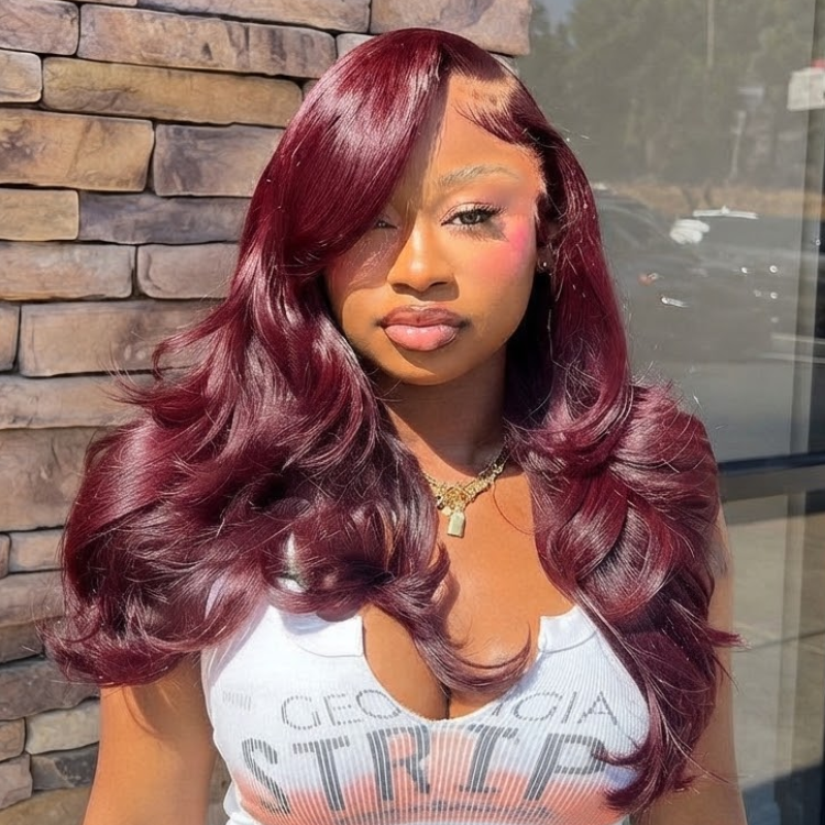 Glueless Deep Burgundy Red Body Wave Lace Front Wig - High Density HD Transparent Lace Human Hair Wig with Side Part- Rafarada