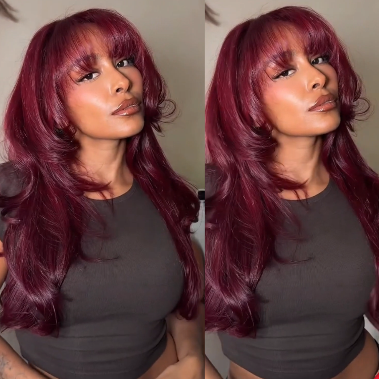 Burgundy Red Layered Blowout Lace Front Wig with Wispy Bangs Glueless HD Lace- Rafarada