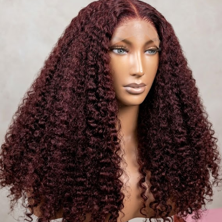 Burgundy Red Kinky Curly Human Hair Wigs for Women HD Transparent Lace Front Wig Pre Plucked with Baby Hair- Rafarada
