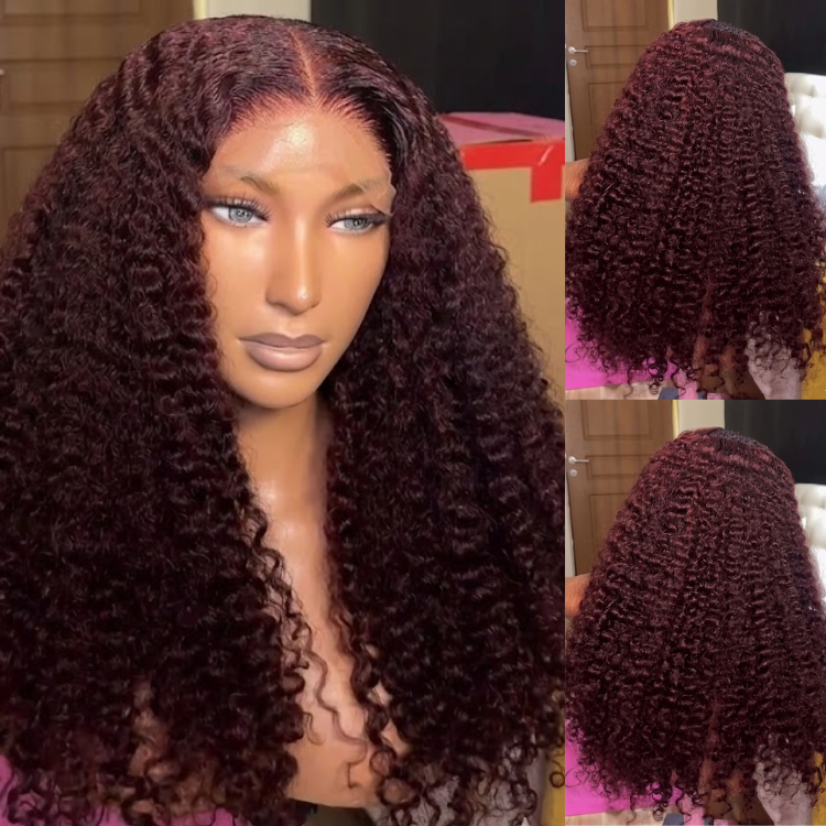 Burgundy Red Kinky Curly Human Hair Wigs for Women HD Transparent Lace Front Wig Pre Plucked with Baby Hair- Rafarada