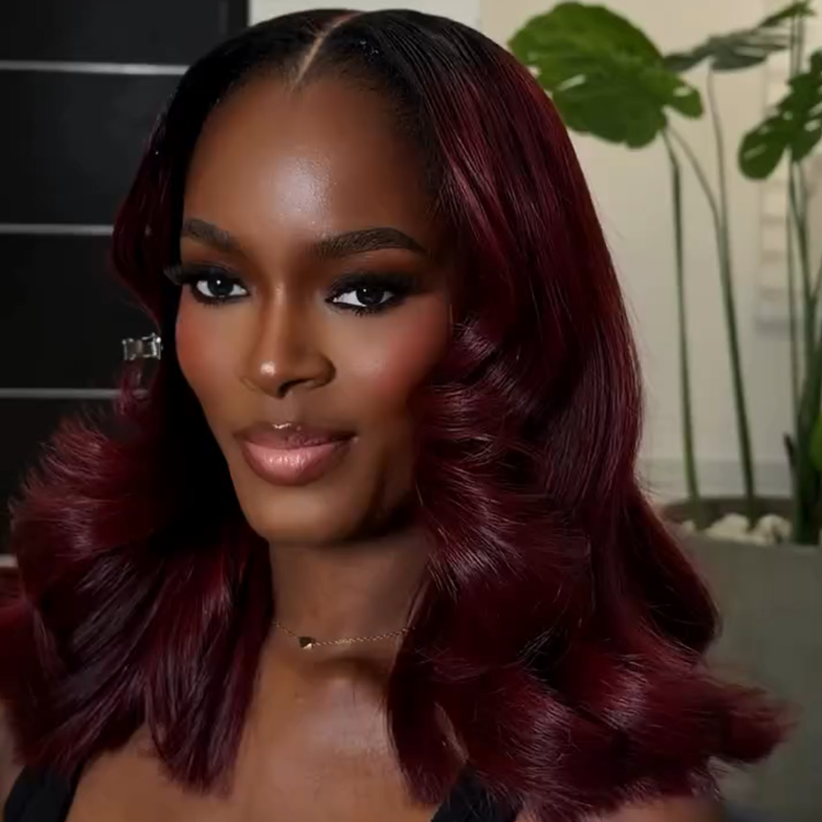 Burgundy Red Loose Wave Glueless HD Lace Wig Human Hair Flipped Out Layers Middle Part Wig For Women- Rafarada