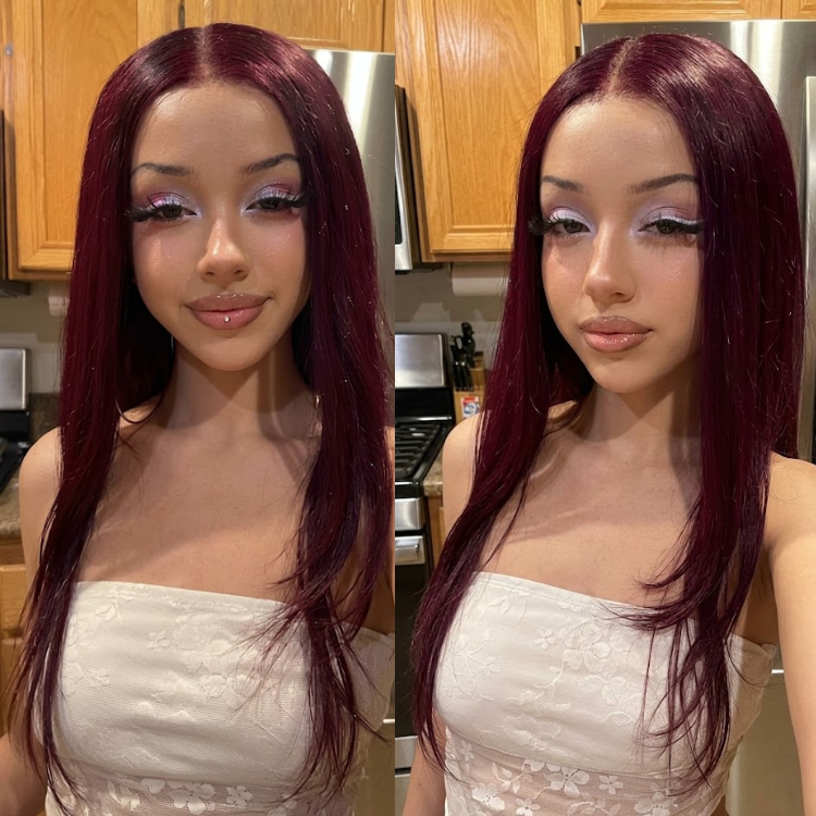 Glueless Burgundy Wine Red Layered Straight Lace Front Wig - High Density HD Transparent Lace Human Hair Wig- Rafarada