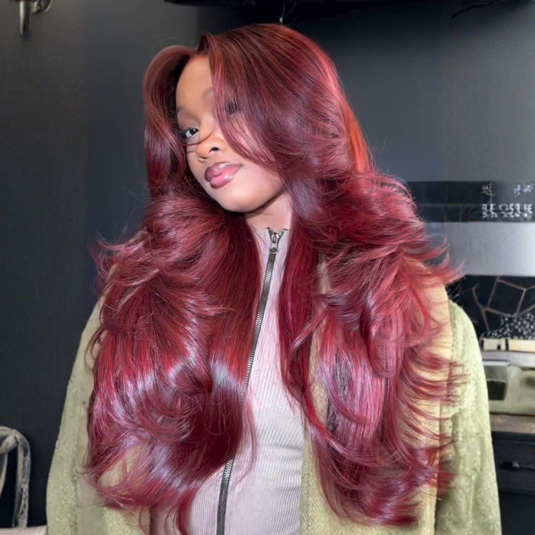 Luxury Bouncy Curl Wine Red Human Hair Wig Loose Wave Cherry Red HD Transparent Lace Frontal Soft & Silky Hair - Rafarada