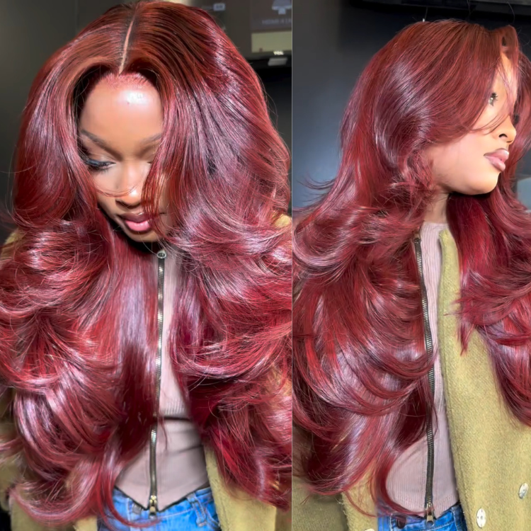 Luxury Bouncy Curl Wine Red Human Hair Wig Loose Wave Cherry Red HD Transparent Lace Frontal Soft & Silky Hair - Rafarada