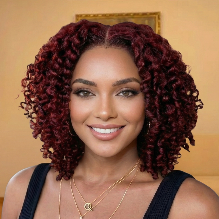 Burgundy Curly Bob HD Lace Wig Pre Plucked Glueless Human Hair Wigs  - Rafarada