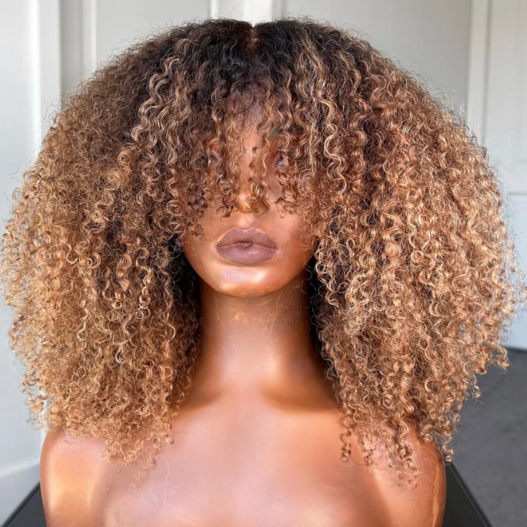 Wear & Go Caramel Blonde Balayage Defined Coily Ringlet Human Hair Wig with Full Curly Fringe | High Density Afro Kinky Curly Wig- Rafarada