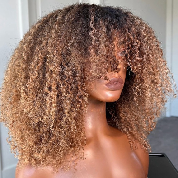 Wear & Go Caramel Blonde Balayage Defined Coily Ringlet Human Hair Wig with Full Curly Fringe | High Density Afro Kinky Curly Wig- Rafarada