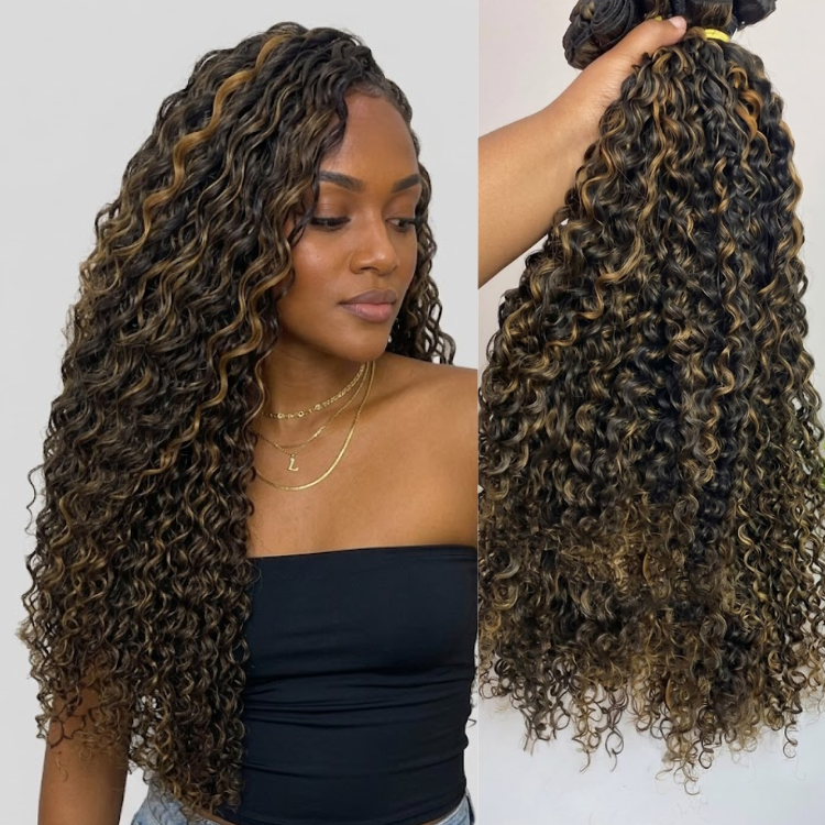 Caramel Brown Highlight Deep Wave Human Hair Bundles P4/30 Dark Brown Ombre Water Wave Brazilian Hair Weave Extensions for Women - Rafarada