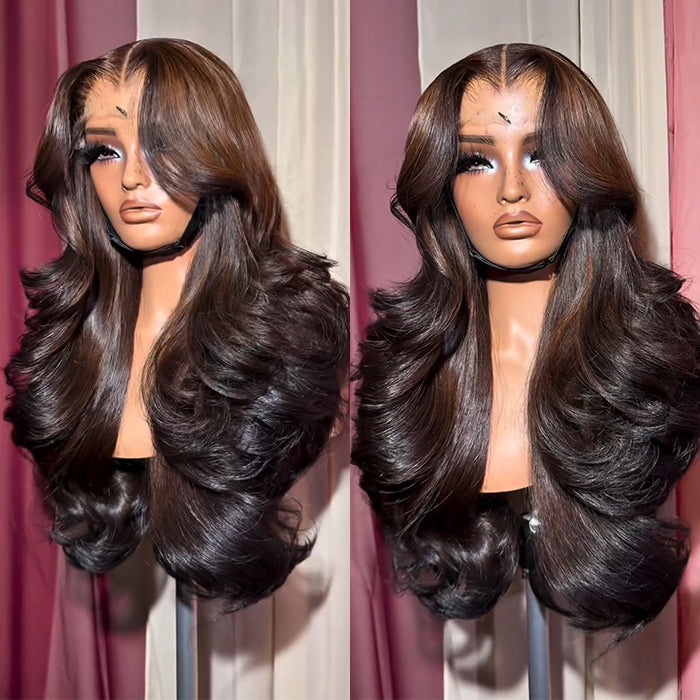 Caramel Brown Ombre Brazilian Human Hair Wig Silky Long Layered Loose Wave Wig With Curtain Bangs - Rafarada