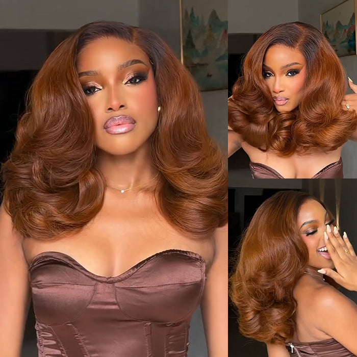 Glueless Caramel Brown Layered Cut Body Wave Human Hair Lace Front Wig Natural Pre-Plucked Hairline - Rafarada
