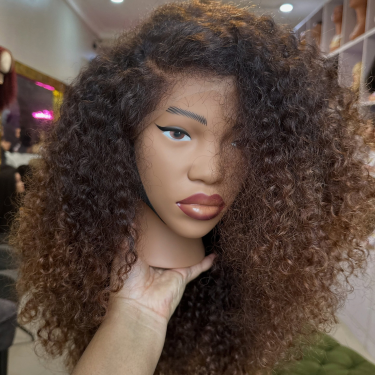 Caramel Brown Ombre Human Hair Wig - Voluminous Long Layered Kinky Curly Wig- Rafarada