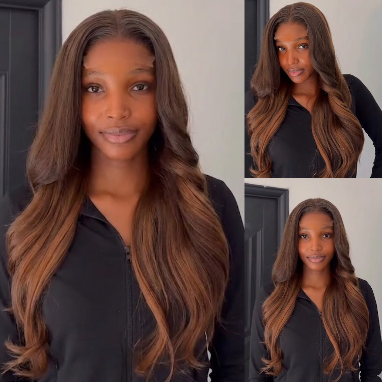 Caramel Brown Ombre Body Wave Human Hair Wig Glueless Chocolate Brown Highlights Voluminous Bouncy Wave Brazilian Lace Front Wig for Women- Rafarada