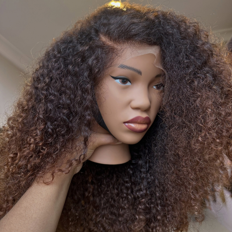 Caramel Brown Ombre Human Hair Wig - Voluminous Long Layered Kinky Curly Wig- Rafarada