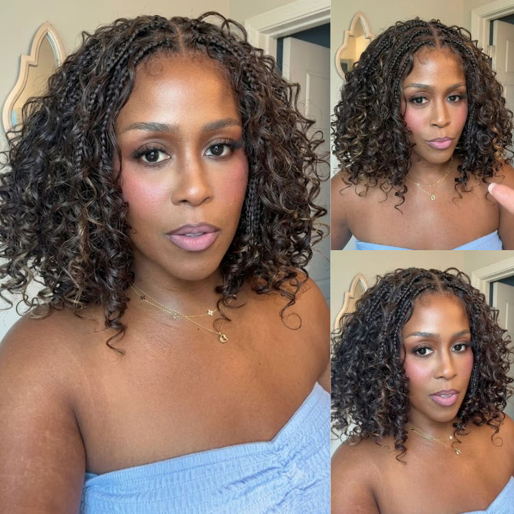Caramel Brown with Highlights Boho Braided Bob Wig - Hand-Knotted Short Curly Braided Lace Front Wig - Rafarada
