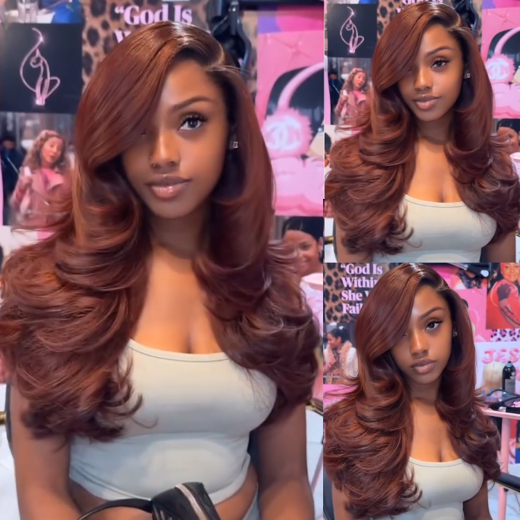 Caramel Copper Brown Big Bouncy Wave Human Hair Wig 13x4 Lace Front Caramel Colored Wavy Wig - Rafarada