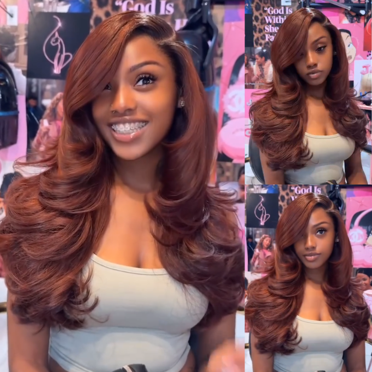 Caramel Copper Brown Big Bouncy Wave Human Hair Wig 13x4 Lace Front Caramel Colored Wavy Wig - Rafarada