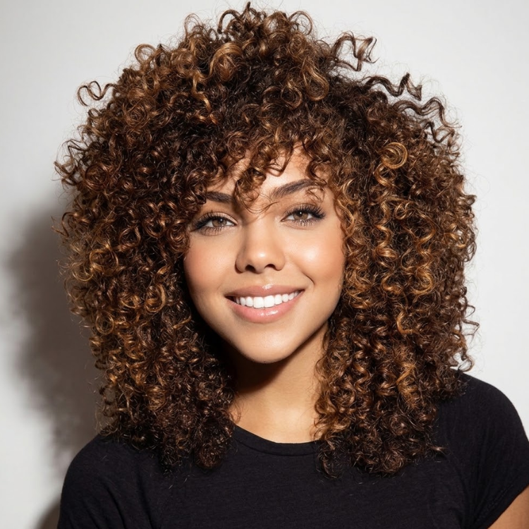 Trendy Caramel Ginger Highlighted Spiral Coiled Wig - Voluminous 3B 3C Human Hair with Defined Ringlets, Fashionable Curly Bob Wig with Bang- Rafarada