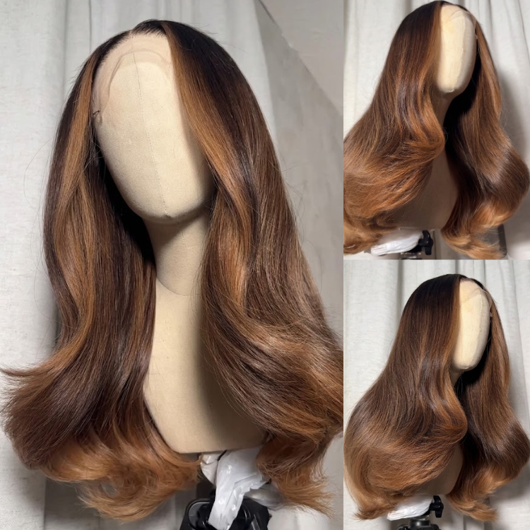 Caramel Highlight Ombre Brown Big Bouncing Body Waves Glueless Lace Front Human Hair Wig- Rafarada
