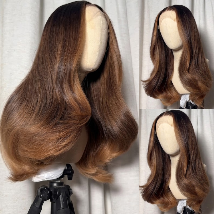 Caramel Highlight Ombre Brown Big Bouncing Body Waves Glueless Lace Front Human Hair Wig- Rafarada