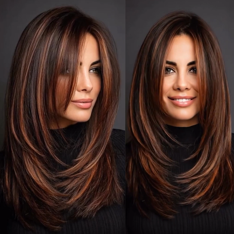 Chestnut Caramel Highlight Layered Face-Framing Straight C-Curl 4x4 Pre-Cut Lace Wear & Go Glueless Wig- Rafarada