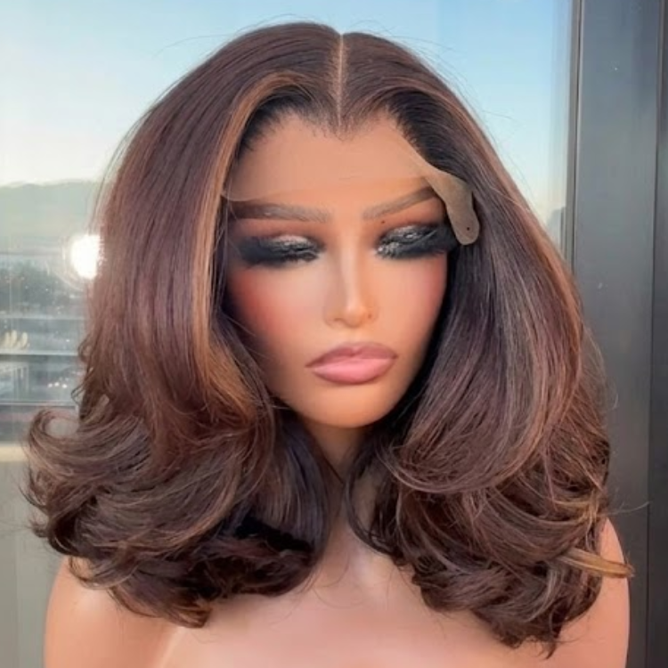 Subtle Caramel Highlights on Chocolate Brown Midi Bob Cut Voluminous Feathered Layers HD Lace Pre-plucked Human Hair Wig- Rafarada