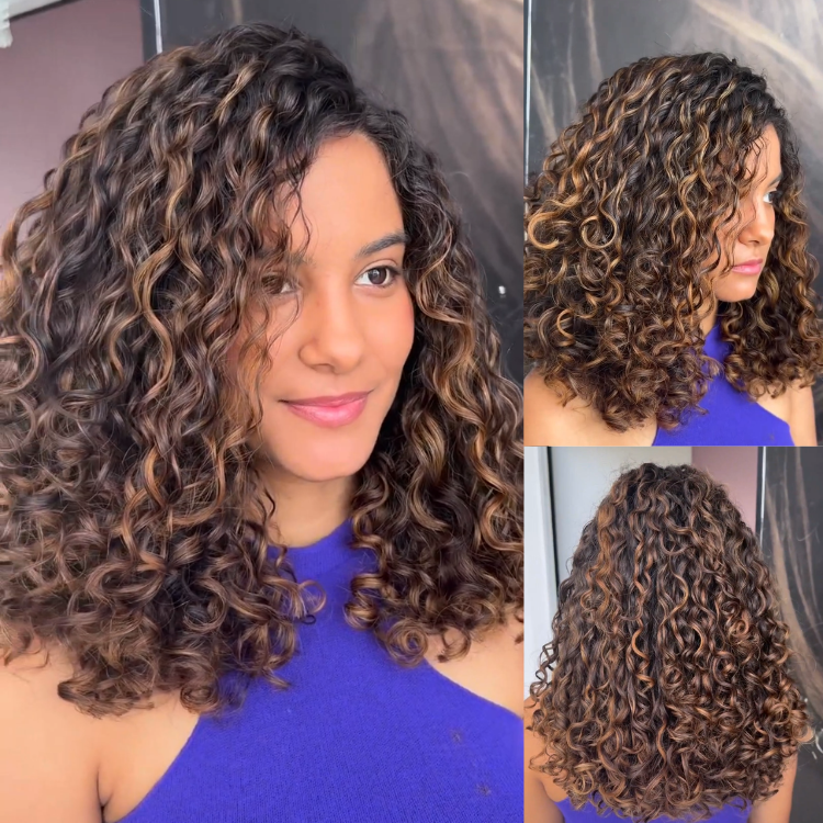 Caramel Honey Highlights on Dark Brown Deep Wave Human Hair Wig High Density Bouncy Curls Wig- Rafarada