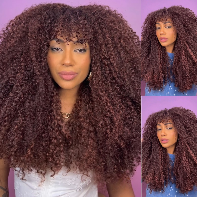 Cherry Brown Ombre Afro Deep Curly Lace Front Wig - Ultra Voluminous Defined Texture, Glueless 100% Human Hair- Rafarada