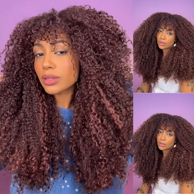 Cherry Brown Ombre Afro Deep Curly Lace Front Wig - Ultra Voluminous Defined Texture, Glueless 100% Human Hair- Rafarada