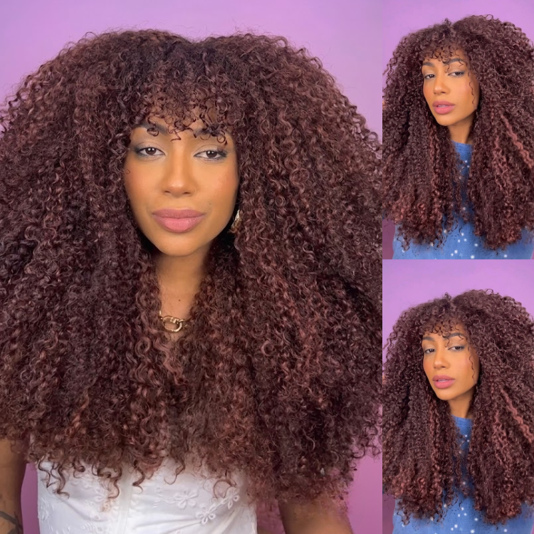 Cherry Brown Ombre Afro Deep Curly Lace Front Wig - Ultra Voluminous Defined Texture, Glueless 100% Human Hair- Rafarada