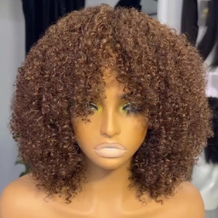 Chestnut Brown Kinky Curly Wig with Bangs - Voluminous Afro Curly Glueless Human Hair Wig- Rafarada