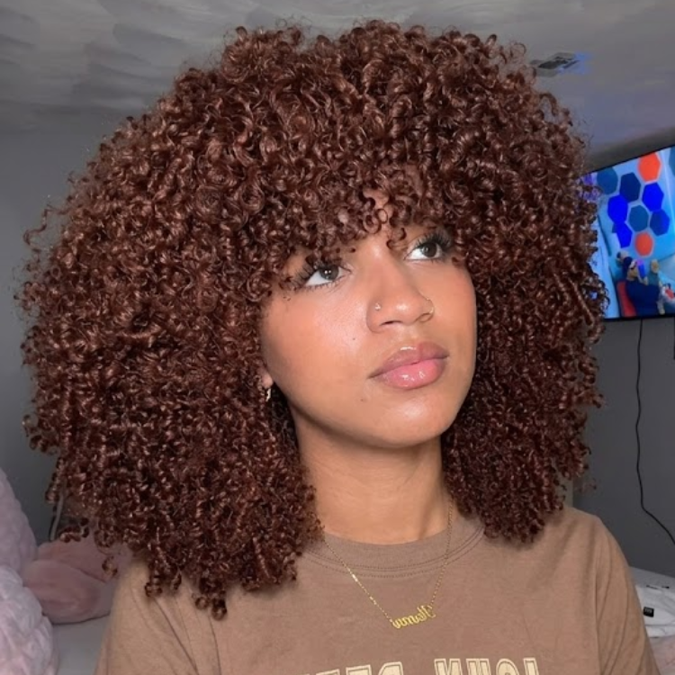 Chestnut Brown Tight Kinky Curly Wig with Curly Bangs ¨C Glueless Layered Human Hair for Volume- Rafarada