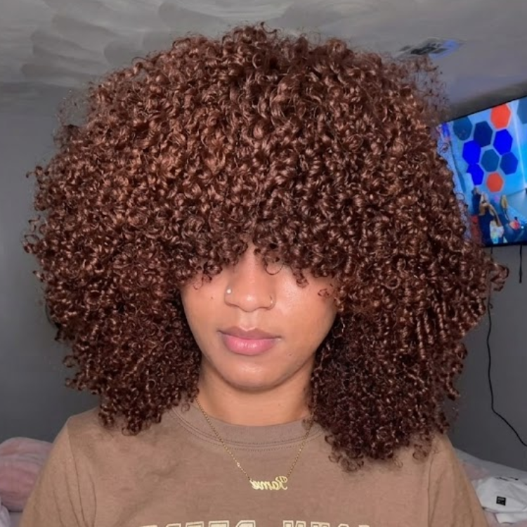 Chestnut Brown Tight Kinky Curly Wig with Curly Bangs ¨C Glueless Layered Human Hair for Volume- Rafarada