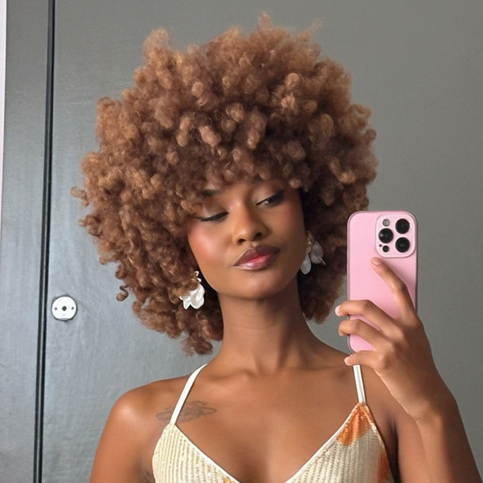 Short Fluffy Chestnut Brown Afro Kinky Coily Wig, Pre-styled Shoulder Length 4x4 Lace Wig 100% Human Hair - Rafarada
