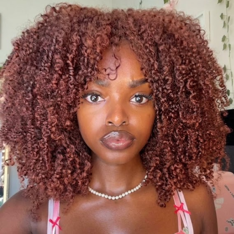 Chestnut Copper Red Voluminous Defined Coily Ringlets Wig - Pre-Cut Glueless Human Hair Wig with Curly Fringe- Rafarada