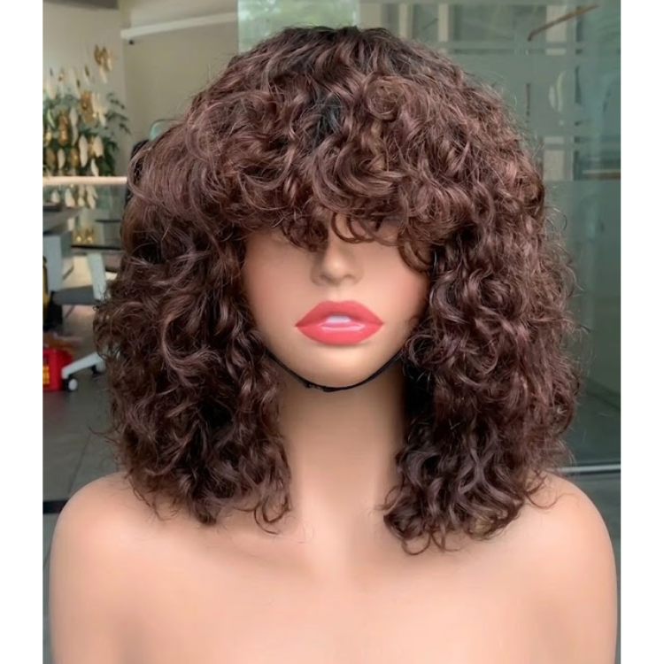 Chocolate Brown Kinky Curly Bob Wig with Full Bangs ¨C Voluminous Layered Human Hair Wig - Rafarada