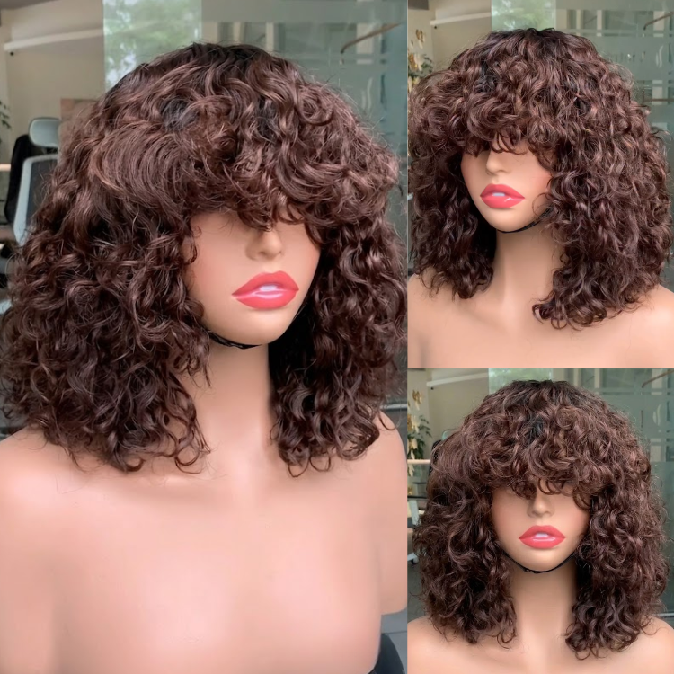 Chocolate Brown Kinky Curly Bob Wig with Full Bangs ¨C Voluminous Layered Human Hair Wig - Rafarada