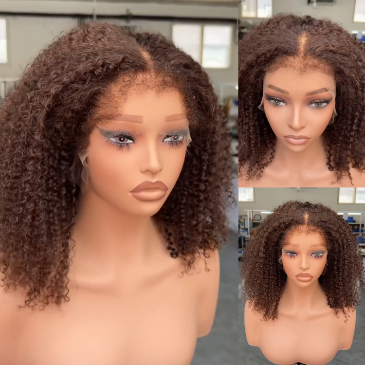 Chocolate Brown Lace Front Kinky Curly Human Hair Wig, Glueless Pre-Plucked Natural Hairline for Women- Rafarada