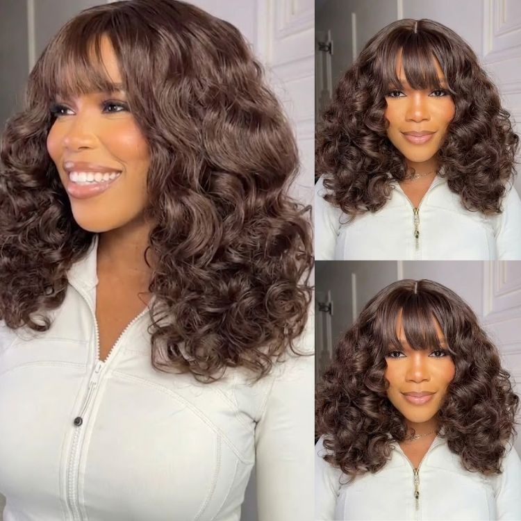 Bouncy Loose Curly Wig with Bangs Chocolate Brown High Density Human Hair Wig- Rafarada