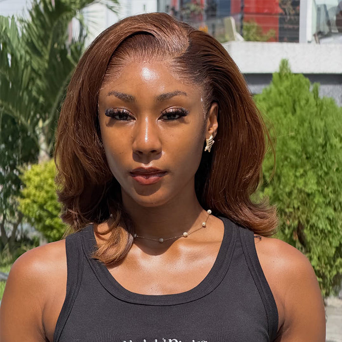 Chocolate Brown Color Bob Loose Wave Human Hair Wig Glueless HD Lace Front Wigs For Woman - Rafarada