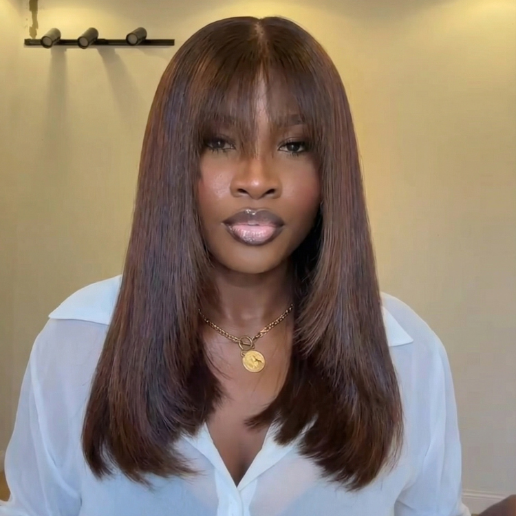 Chocolate Brown Straight Human Hair Wig with Bangs Layered Glueless Brown Lace Wig for Women - Rafarada