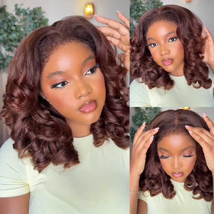 Chocolate Brown Bouncy Curly with 4C Edges Bob Wig Dark Auburn Loose Curls Human Hair Wig - Rafarada