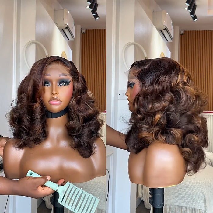 Pre-Styled Voluminous Loose Wave Glueless Wig Dark Brown Honey Highlights Pre-Plucked HD Lace Wig - Rafarada