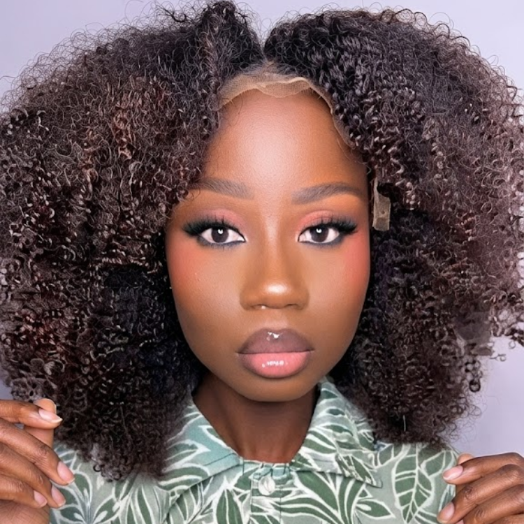 Glueless Afro Kinky Curly Human Hair Lace Frontal Wig - Chocolate Ombre Brown Afro Textured- Rafarada