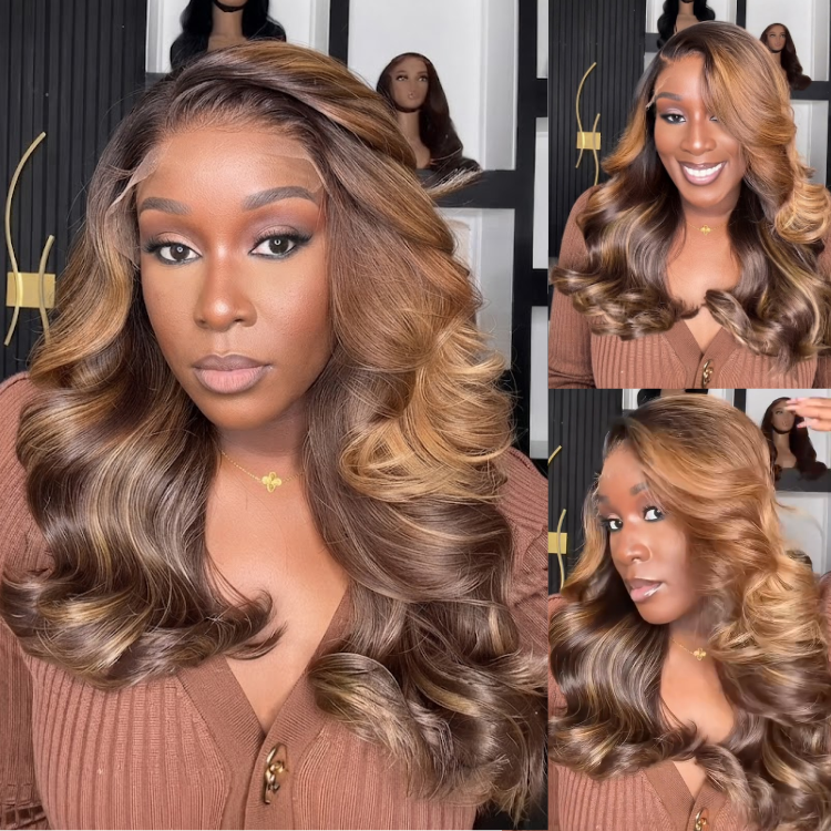 Chocolate and Caramel Ombre Body Wave Lace Front Human Hair Wig - Voluminous Bouncy Curls- Rafarada