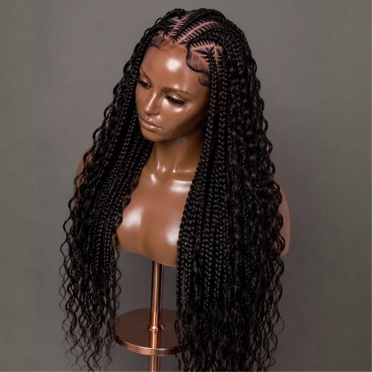 Glueless Boho Braided 13x6 HD Lace Wig Stitch Cornrow with Curly Water Wave Ends & Pre-Plucked Baby Hair - Rafarada